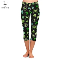 letsfind beautiful clover design high waist capri leggings fashion plus size women fitness slim mid calf pants