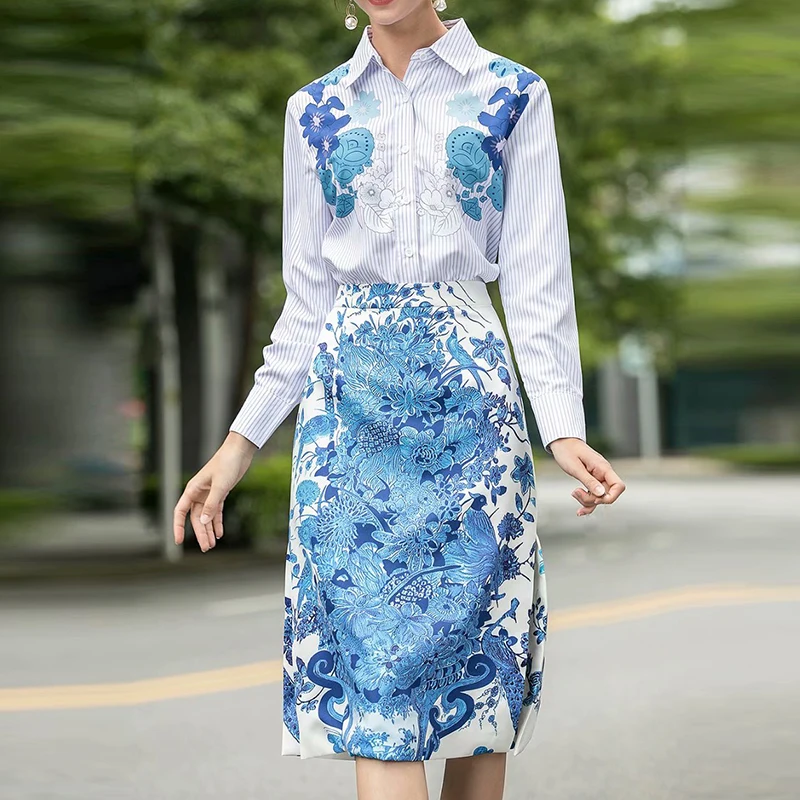 2021 High-quality latest designer runway women's Long sleeve striped shirt Floral Print skirt set