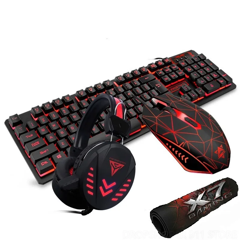 

3/4Pcs LED Backlit GamerMechanical Keyboard+Gaming Mouse+Headset +Mouse Pad Wired Backlight Desktop Ergonomic Keyboard Set