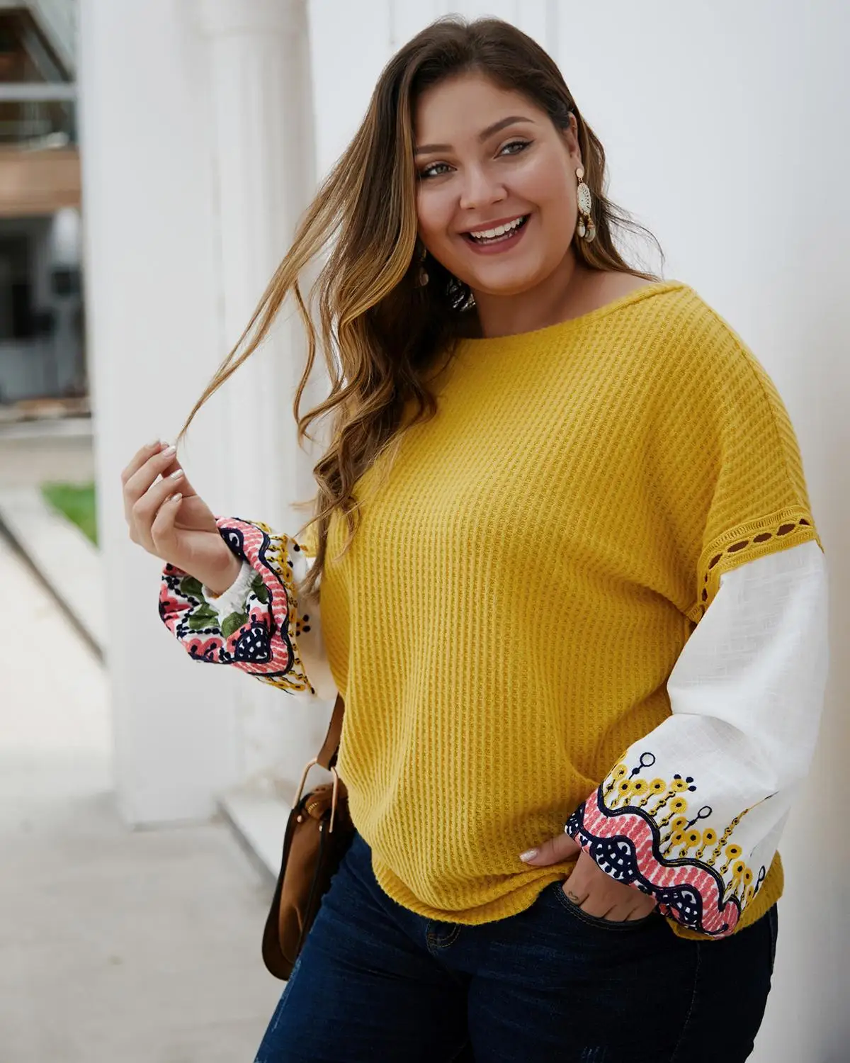 Женский свитер с длинным рукавом-фонариком круглым вырезом | Женская одежда