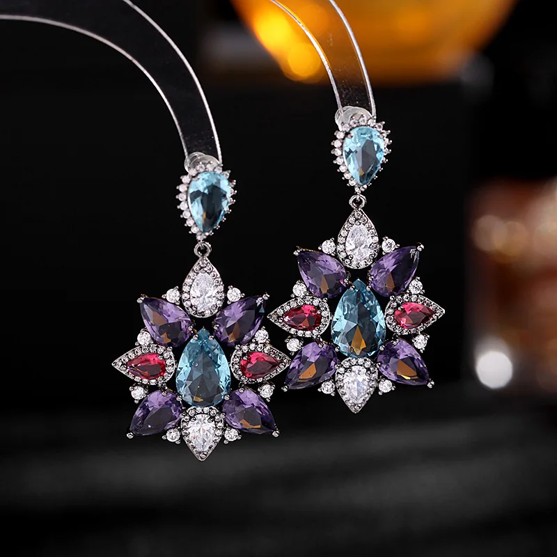 

colorful cubic zirconia sweet statement flower dangle earrings for women 2021 fashion temperament wedding earring 925 silver pin
