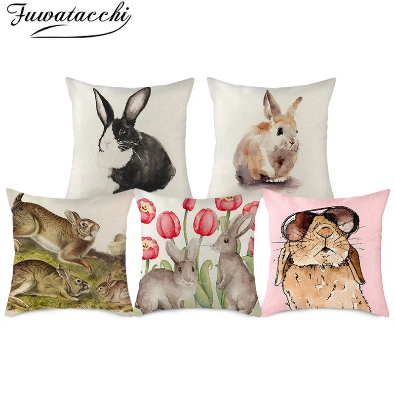 Чехол для подушки Fuwatacchi из чистого льна наволочка с серым рисунком кролика