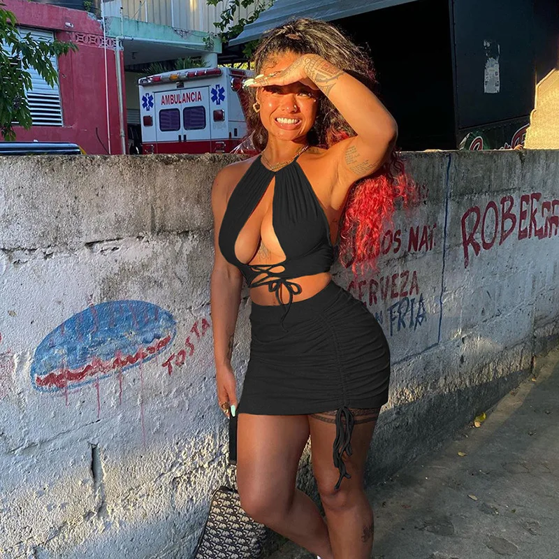 

Julissa Mo Summer Drawstring Two Pieces Set Women Sleeveless Halter Crop Top Ruched Skirt Suit Sexy Black Backless Famale Suits