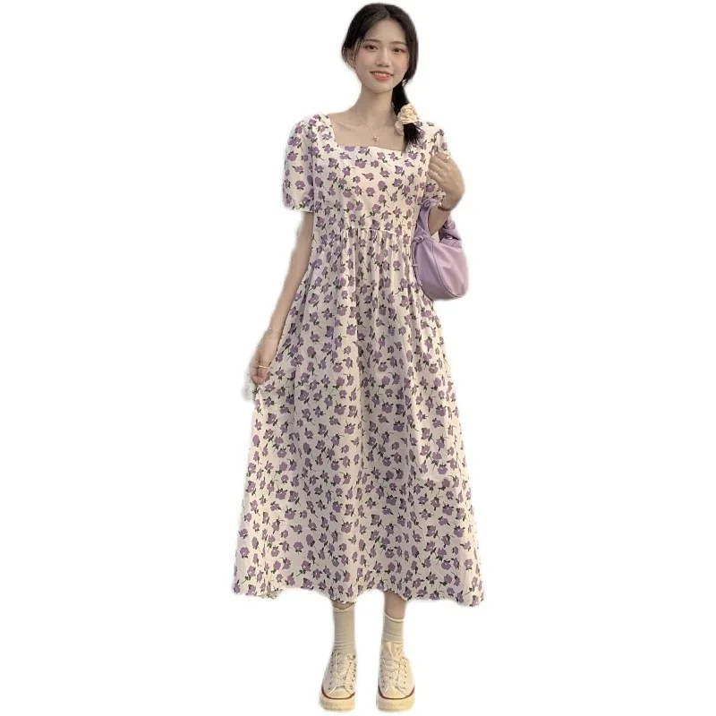 

Retro Mori Style Floral Dress for Women 2021 Summer New Square Collar Dress Gentle First Love Purple A- line Dress