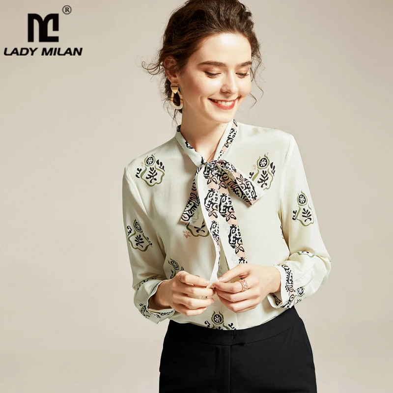 100% чистый шелк женские Подиумные рубашки воротник-бабочка длинные рукава с