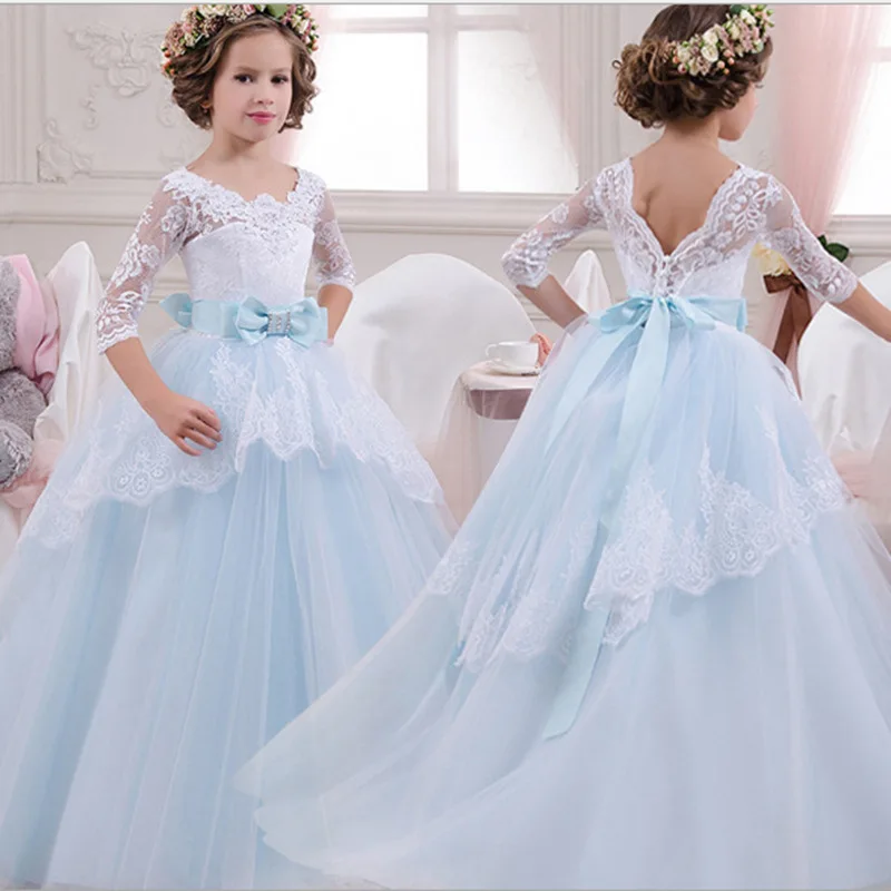 Elegant Glitz Embroidery Lace Up Flower Girls Dresses Kids Teenagers Half-sleeves Bowknot Holy Communion Birthday Party Dress