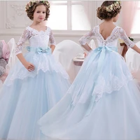 elegant glitz embroidery lace up flower girls dresses kids teenagers half sleeves bowknot holy communion birthday party dress