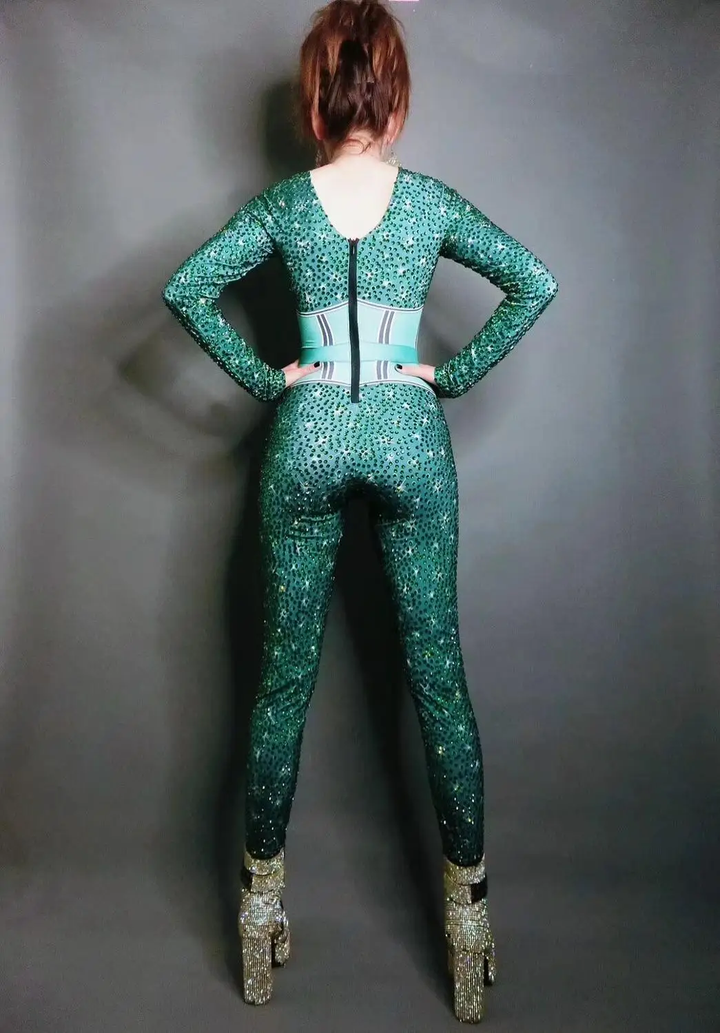 Female Singer Bar Nightclub Concert Costume Green Rhinestones Tight-fitting Jumpsuit Evening Performance Birthday Party | Женская одежда