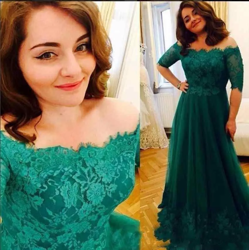 

Dark Green Plus Lace 2019 Mother Of The Bride Dresses Off the Shoulder half Sleeves Lace Applique Mother vestido de madrinha
