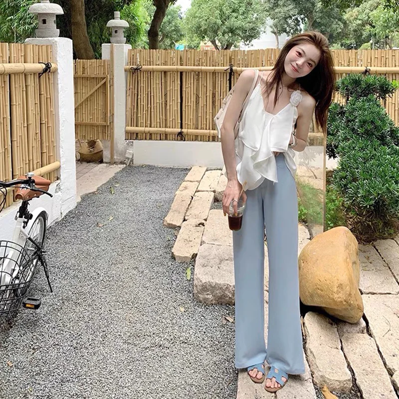 

Office Lady's Pants 2021 Summer New Women Solid Trousers Korean Elegant Casual Soft Wide Leg Anklle Length Blazer Pants Female