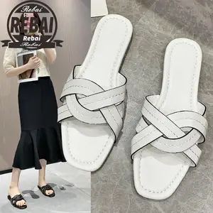 Shoes Low Winter Woman Slipper Beige Heeled Sandals Soft Black Basic PU Rome Rubber Solid Round Toe Hoof Shoes Women Slipper