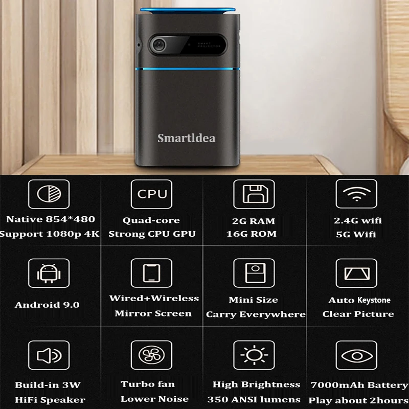 Карманный смарт проектор Smartldea D042 Android9.0 5G Wifi BT5.0 DLP мини Поддержка батареи 4K