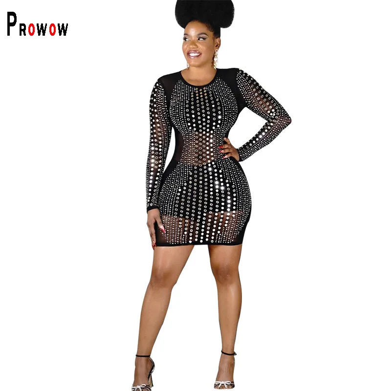 

Женское Сетчатое платье Prowow, с длинным рукавом, прозрачное вечерние с блестками