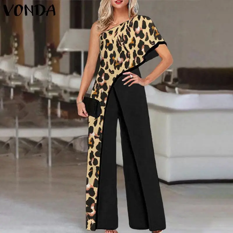 

VONDA 2021 Fashion Women Long Jumpsuits Vintage Leopard Print Playsuits Short Sleeve Sexy One Shoulder Wide Leg Trouser Pantalon