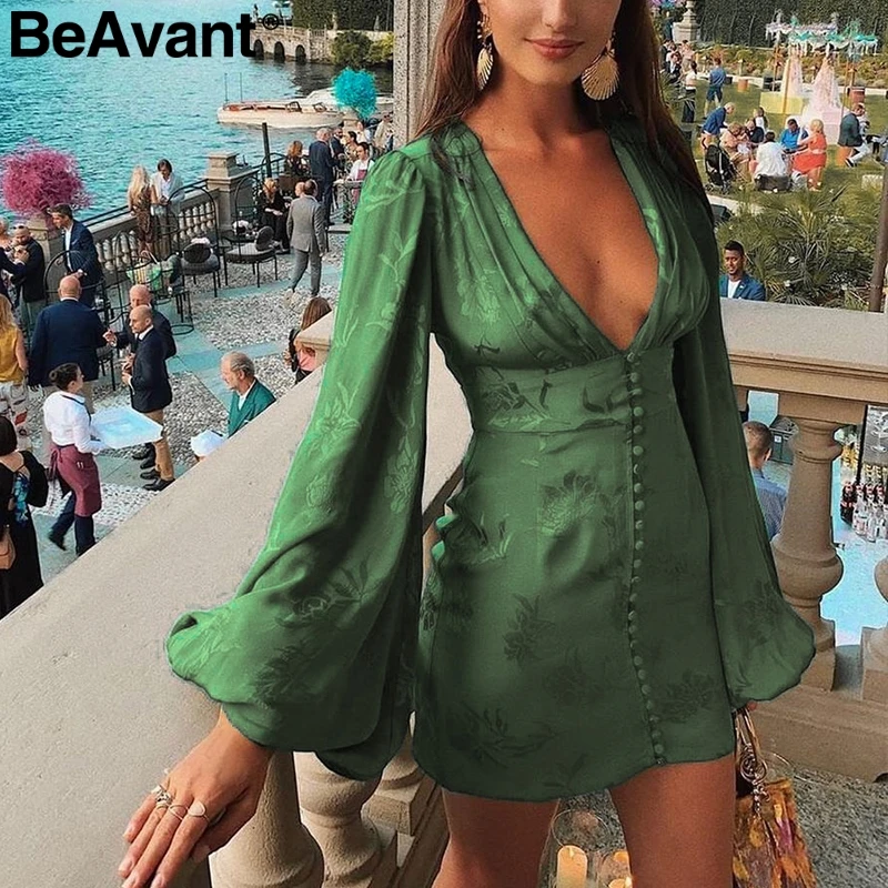 Зеленый BeAvant, сексуальное короткое платье с v-образным вырезом для вечеринки, зеленая лента, элегантное платье для женщин, рукав-фонарик, однобортное ТРАПЕЦИЕВИДНОЕ мини-платье, летнее - Цвет: Зеленый