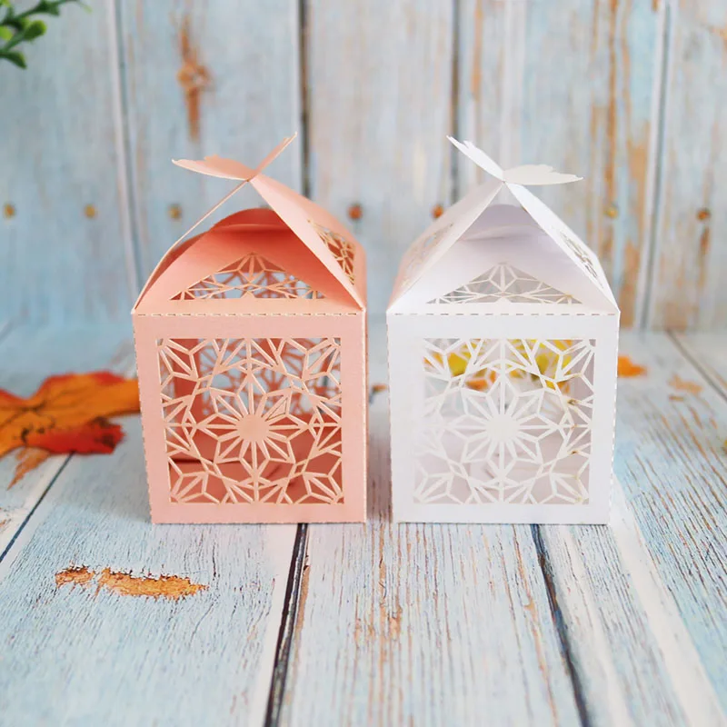 10 шт./лот жемчужная бумажная коробка для свадьбы лазерная резка розовая/белая