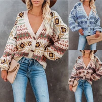 2021 autumn womens retro style solid color one button loose v neck knitted cardigan sweater womens jacket pink white
