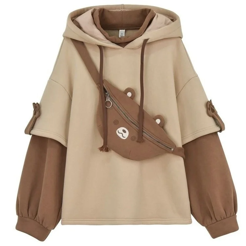 

Kawaii Cute Oversize Hoodie Women Harajuku Anime Pullover Soft Girl Korean Fashion Bear Patchwork Sweatshirt Autumn