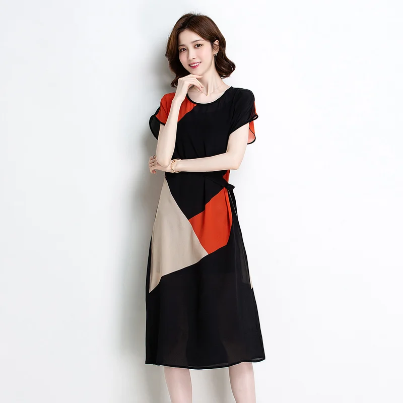 

[New summer products] Jinju summer new round neck short sleeve stitching lace silk silk dress