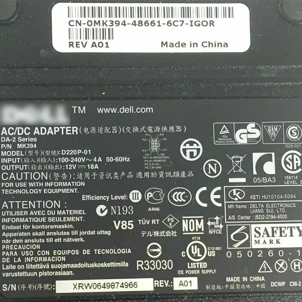 Оригинальный D220P-01 ADP- 220AB ZVC220 адаптер переменного тока 12V 18A для Dell Optiplex GX620 755 760 SX280