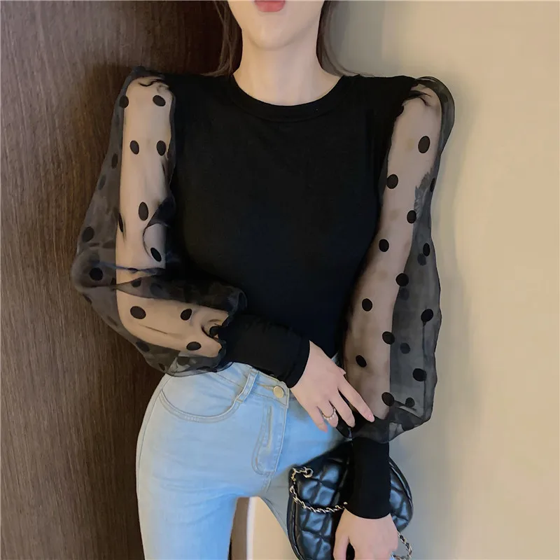 Футболка женская с длинным рукавом модный брендовый сетчатый топ в горошек