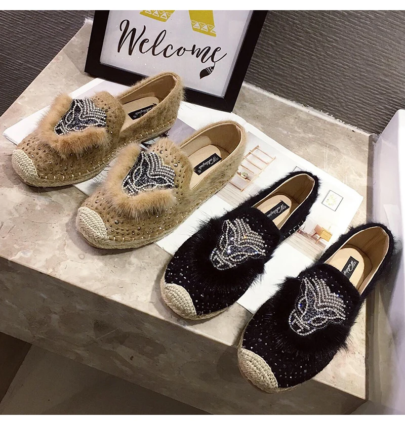 Fashion Hemp Loafers Women Espadrilles Flats Shoes Sewing Rhinestone Round Toe Ladies Casual Moccasins Slip On Brand Style New