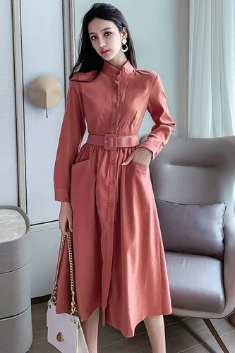 

2019 Autumn And Winter Casual Pocket Women Dress Elegant Long Sleeve Single Breasted Artistic Retro High Waist Dresses