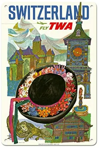 

Switzerland - Fly TWA (Trans World Airlines) - Airline by David Klein c.1960s Metal Tin Sign