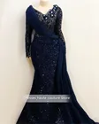 Роскошные африканские кружевные вечерние платья с длинным рукавом 2021 Aso Ebi вечерние платья со складками темно-синего цвета для выпускного вечера