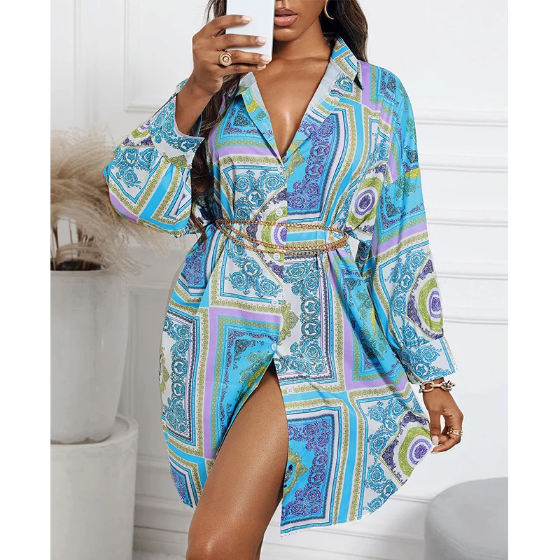 

2021 Fashion Autumn New Print Lapel Long Sleeve Long Shirt Ladies Top Ustyle0497