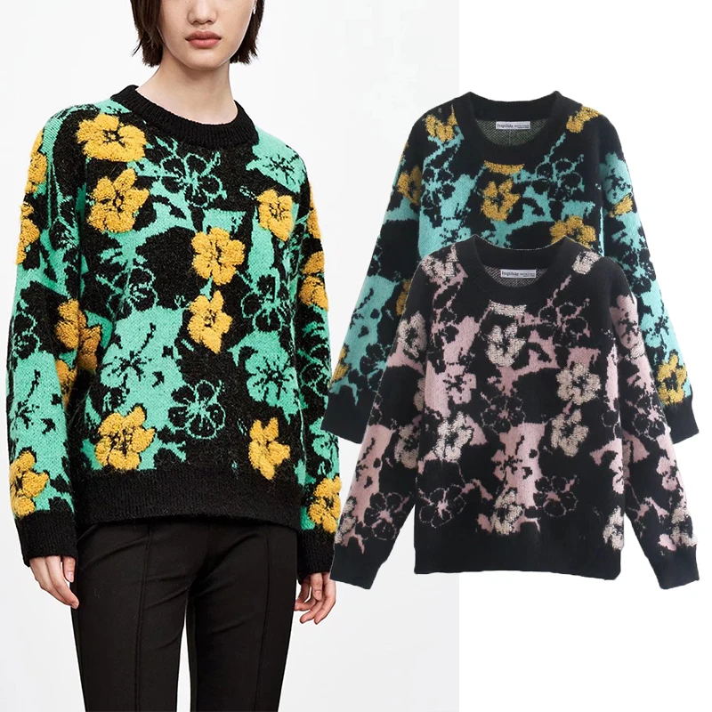 

Женский вязаный свитер с цветочным принтом Za, теплый свободный свитер с длинным рукавом, повседневный Мягкий Топ с круглым вырезом, два цвет...