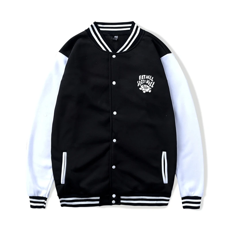 

Women Patchwork Baseball Uniform Jacket Harajuku Korean Autumn And Winter Printing Bangtan Boys Koya Eat Well Sleep Well Pattern