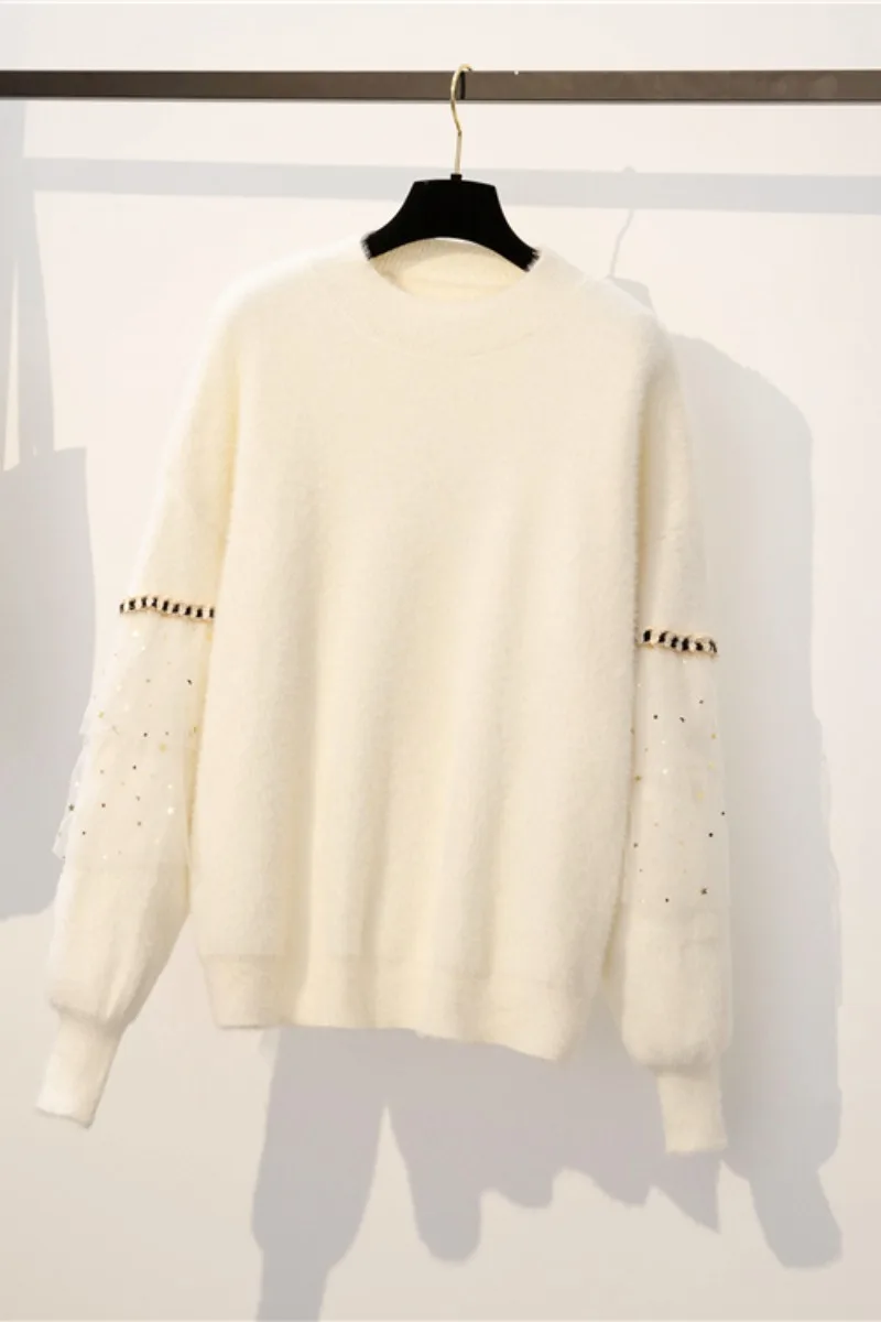 

Autumn/winter Women Sweater Fashion Full Sleeves Loose O-neck Sequins Knitted Pullovers Knitwear Female Causal Tops Sweater