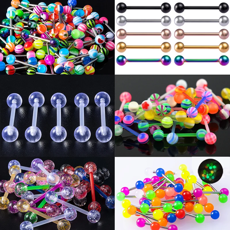 

10pcs Colorful Acrylic Tongue Ring Luminous Nipple Barbell Tongue Piercing Stud Surgical Steel Bar for Women Body Jewelry 14G