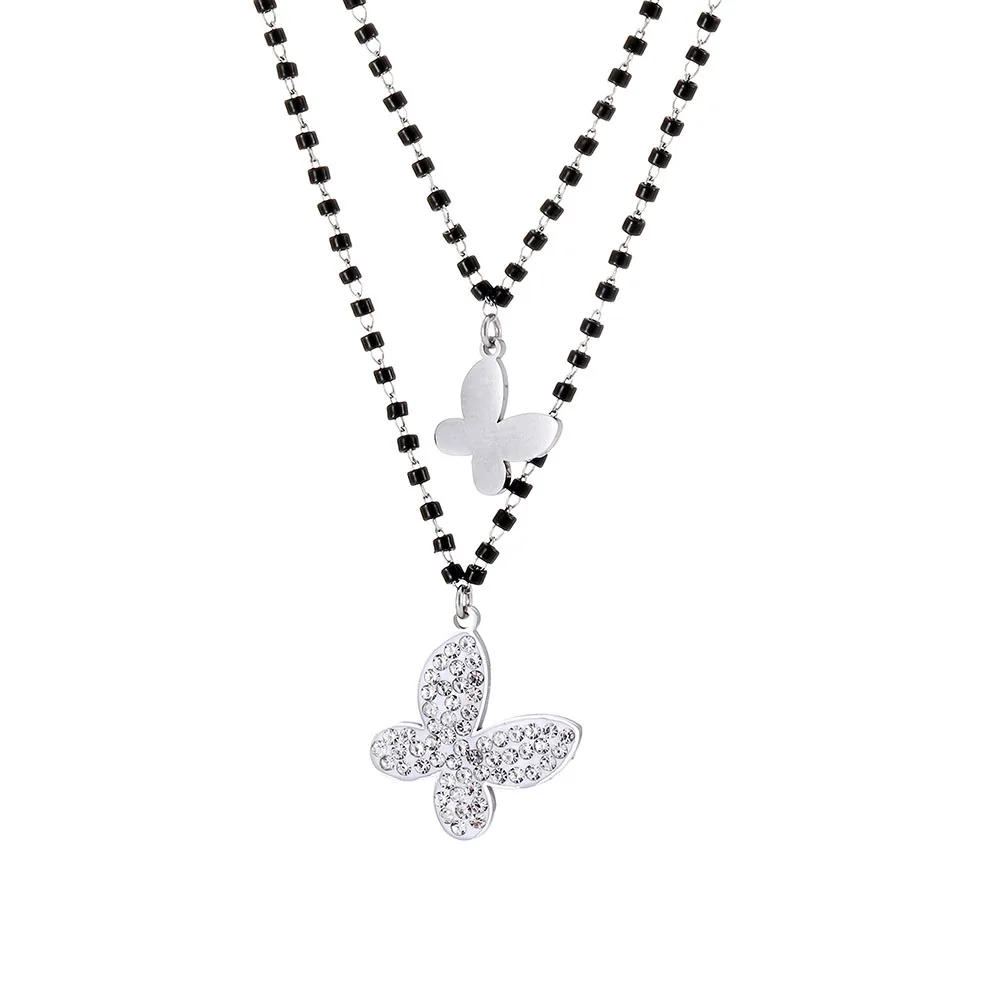 

2 Layered Fashion Butterfly Pendants Necklaces for Woman Chokers Collar Black Beads Chain Stainless Steel Necklace Jewelry