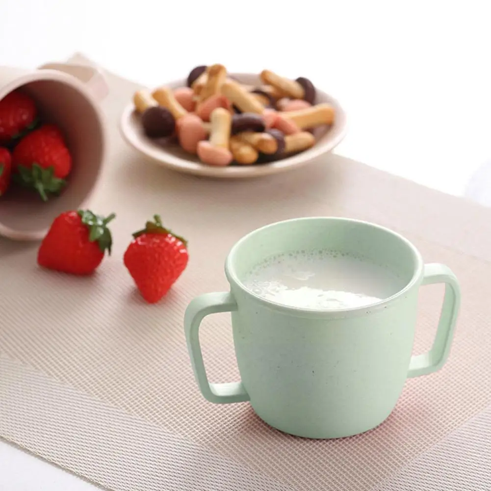 

Детская чашка для молока из бамбукового волокна с двойной ручкой, милые детские очки, детская чашка для кормления питьевой водой, принадлеж...