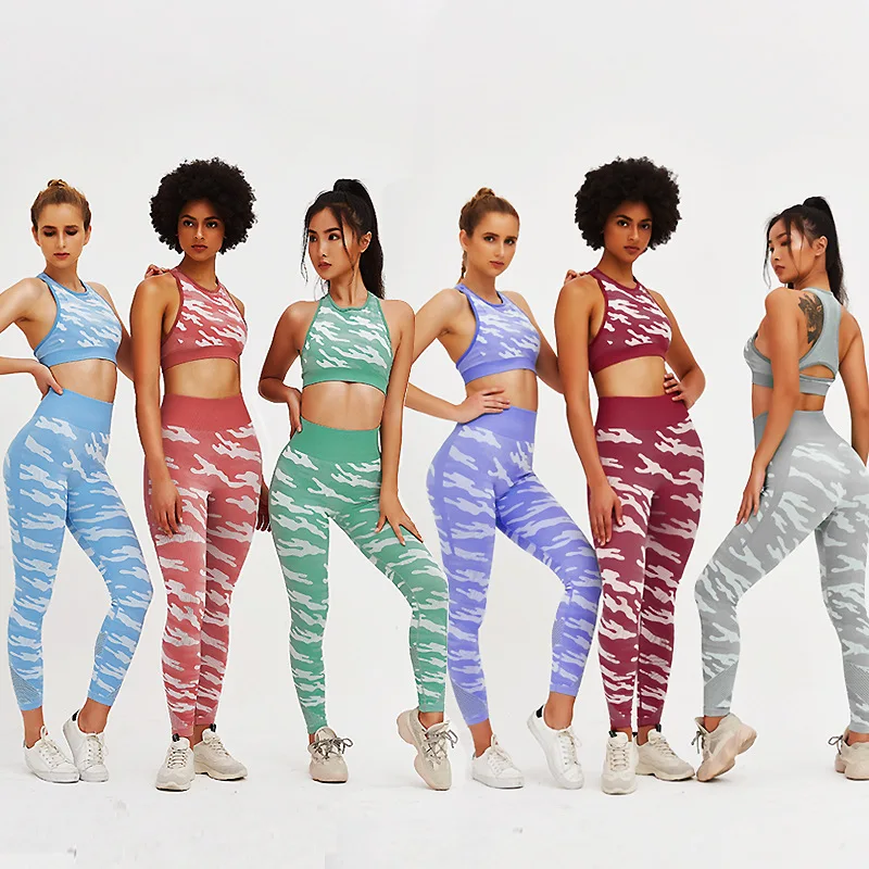 

Camo Splicing Yoga Set Women Fitness Clothing Sportswear Woman Gym Leggings + Padded Push-up Strappy Sports Bra Suit Sportswear