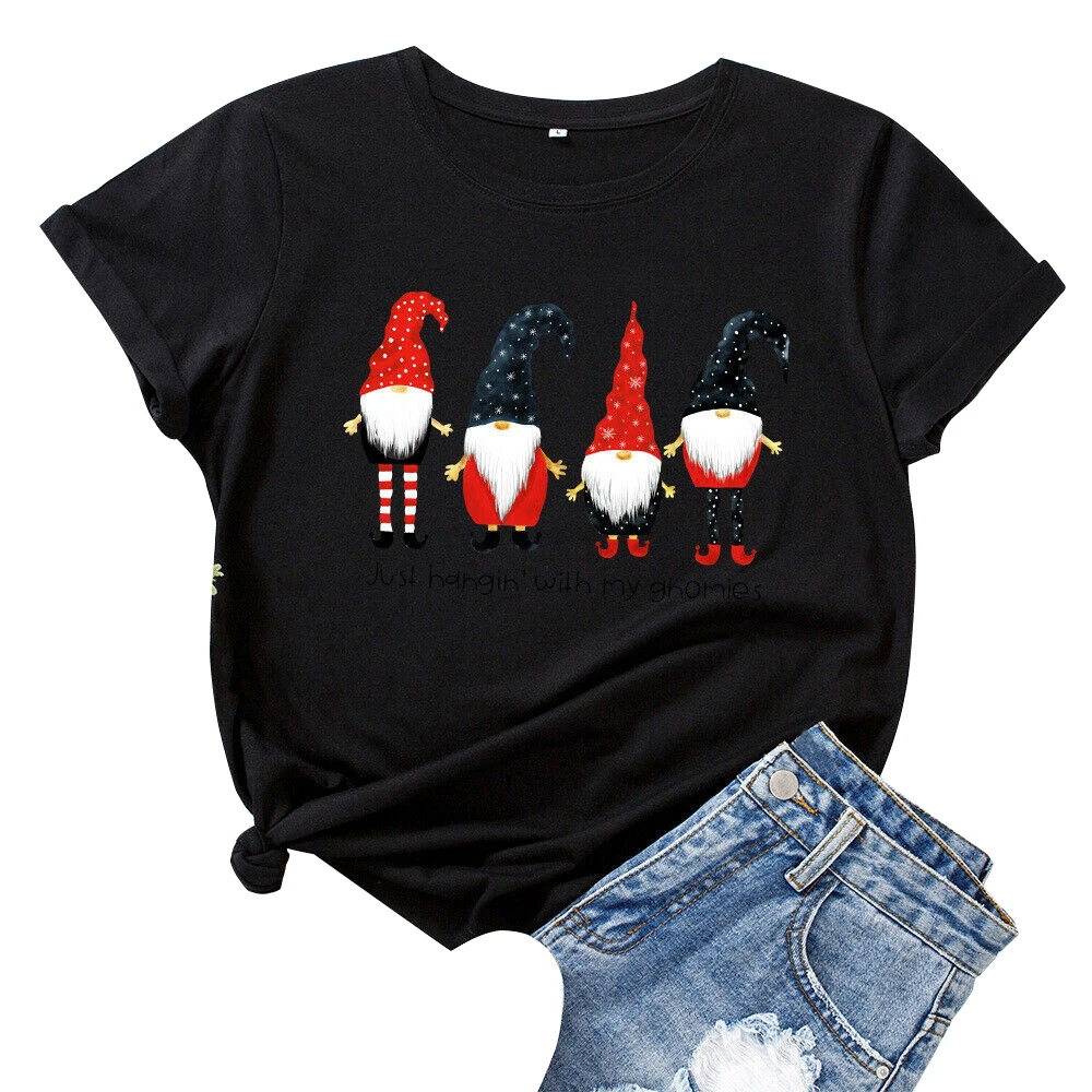 

Christmas Women Short Sleeve Tops Graphic T-shirts Holiday Tshirt New Year 90s Trend Round Neck Cartoon Party Female Soft Tees