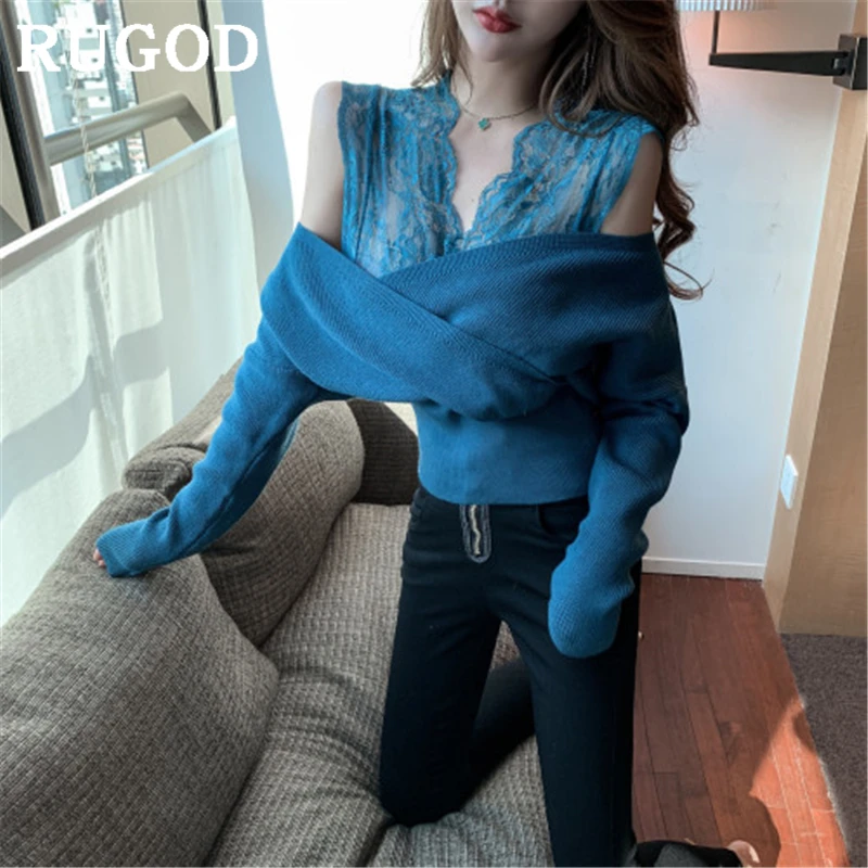 RUGOD Elegang office ladies knitted sweater Fashion lace patchwork V neck criss-cross pullovers female Korean casual solid tops | Женская