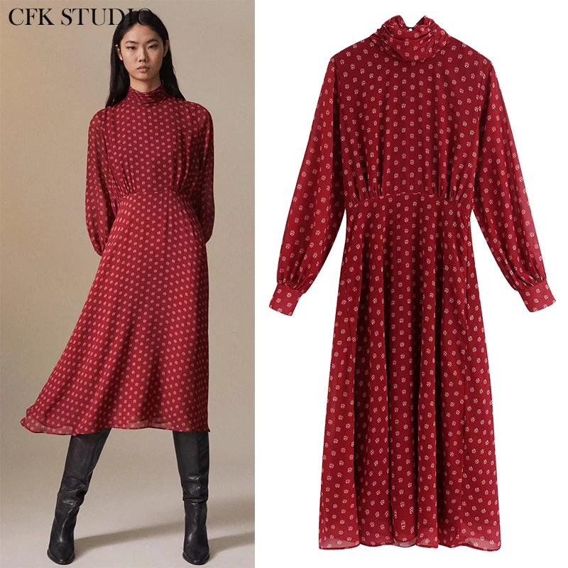 Женское шифоновое платье ZA красное повседневное длинное с цветочным принтом и