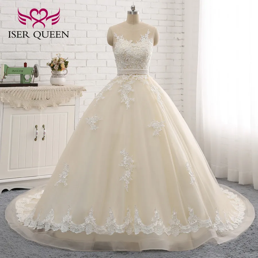 

Exquisite Appliques Sequined Pearls Sashes Bow Ball Gown Wedding Dresses vestido de noiva ombro a ombro Illusion Champagne W0047