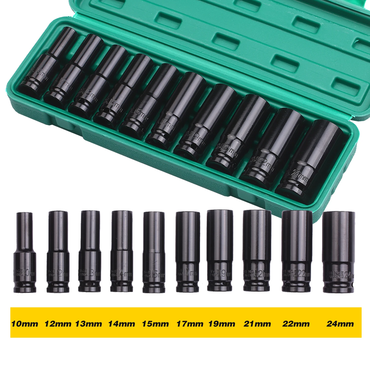 

1/2Inch Drive Hex Impact Electric Wrench Socket Set 10PCS Deep Socket Metric Sizes 10-24mm Carbon Steel with Hard Storage Box