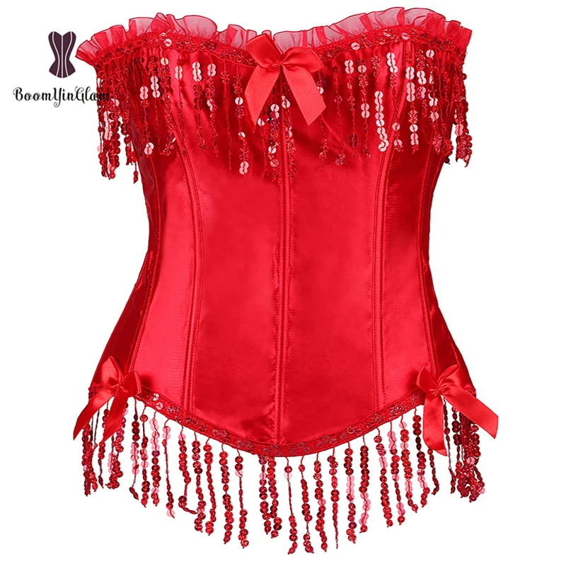 Красный женский винтажный корсет с кисточками без бретелек блестками со