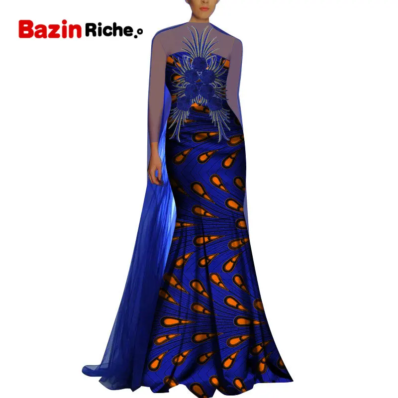 African Dresses for Women Party Wedding Fashion Blue Chiffon Patchwork With Appliques WY8711
