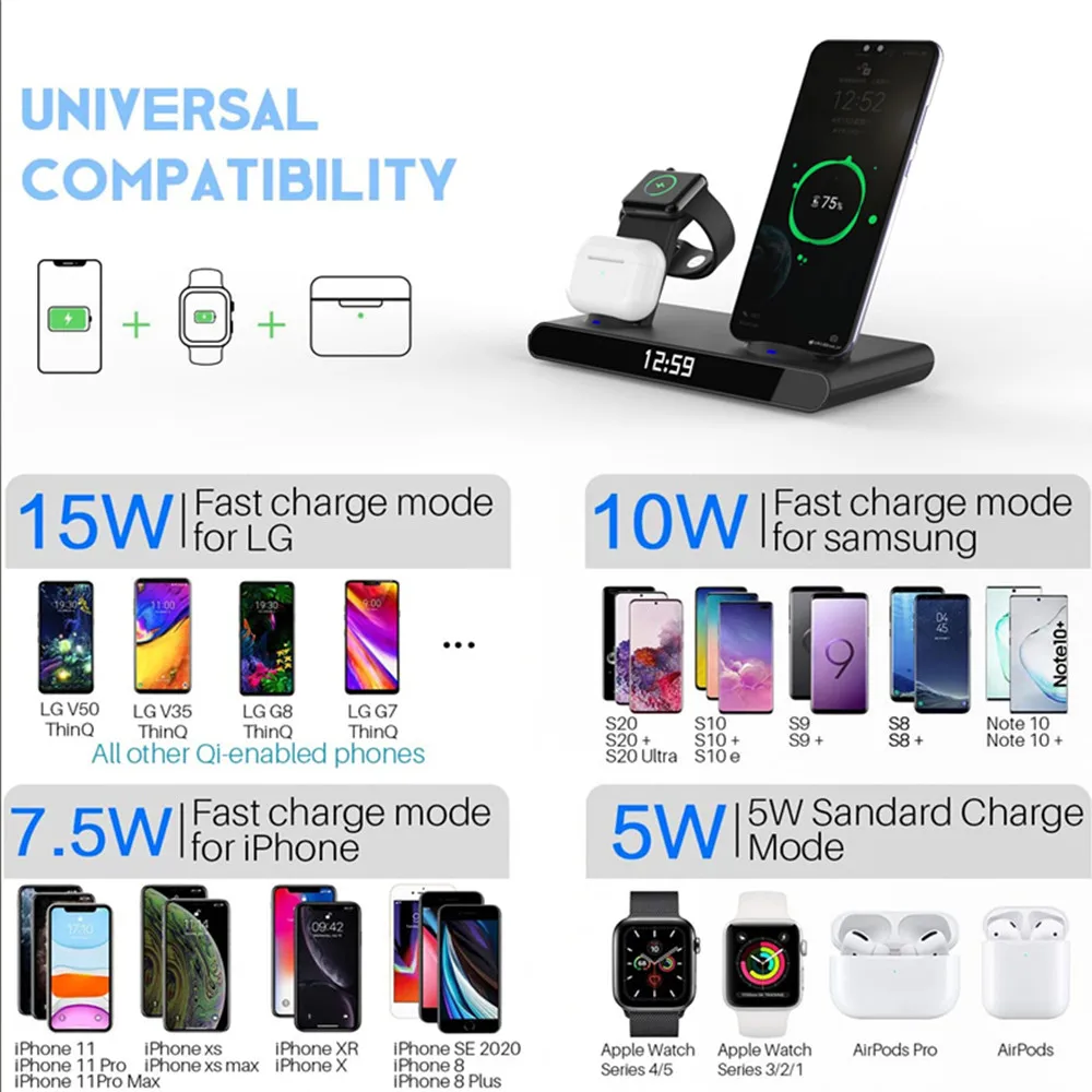 3 in 1 clock wireless charger stand 15w fast wireless charging station for samsung xiaomi mi huawei for iphone apple watch free global shipping