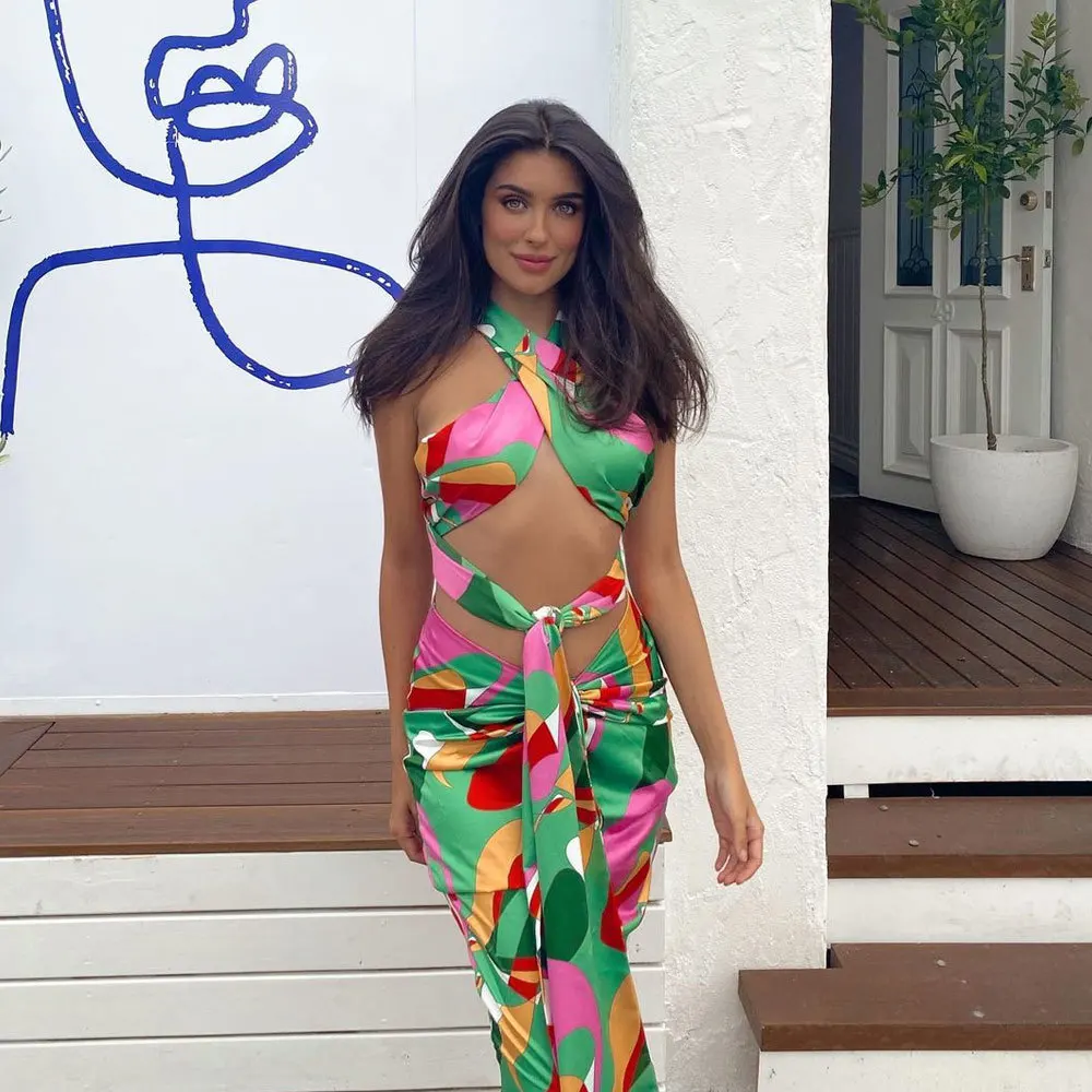 

Women's Sexy Open Back Printed Bandage Two Piece Skirt Tracksuit Tanks and Ruched Drawstring Midi Skirts Boho Outfit Suits Brazi