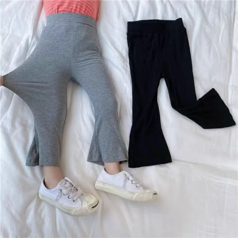 

Cotton Solid Gril Flare Pants Summer New 2021 Elastic Slim Ankle Length Kids Children Clothing Trousers