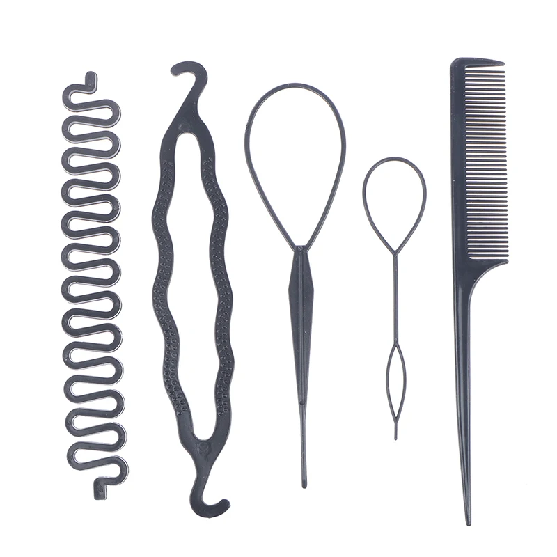 

1 Набор (5 шт.) черные инструменты для плетения волос, вытягивающие иглы для волос, диспенсер для волос, расческа для волос, инструменты для ук...