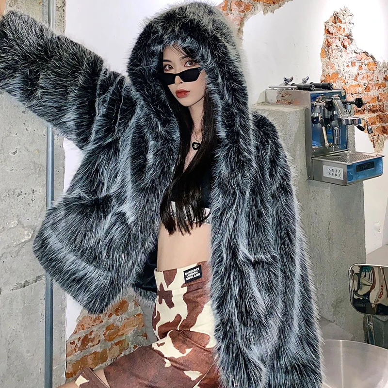 

New Autumn Winter Flurry Faux Fur Coat Women Korean Casual Loose Imitation Fox Fur Coat Female Thicken Warm Hooded Jacket K173