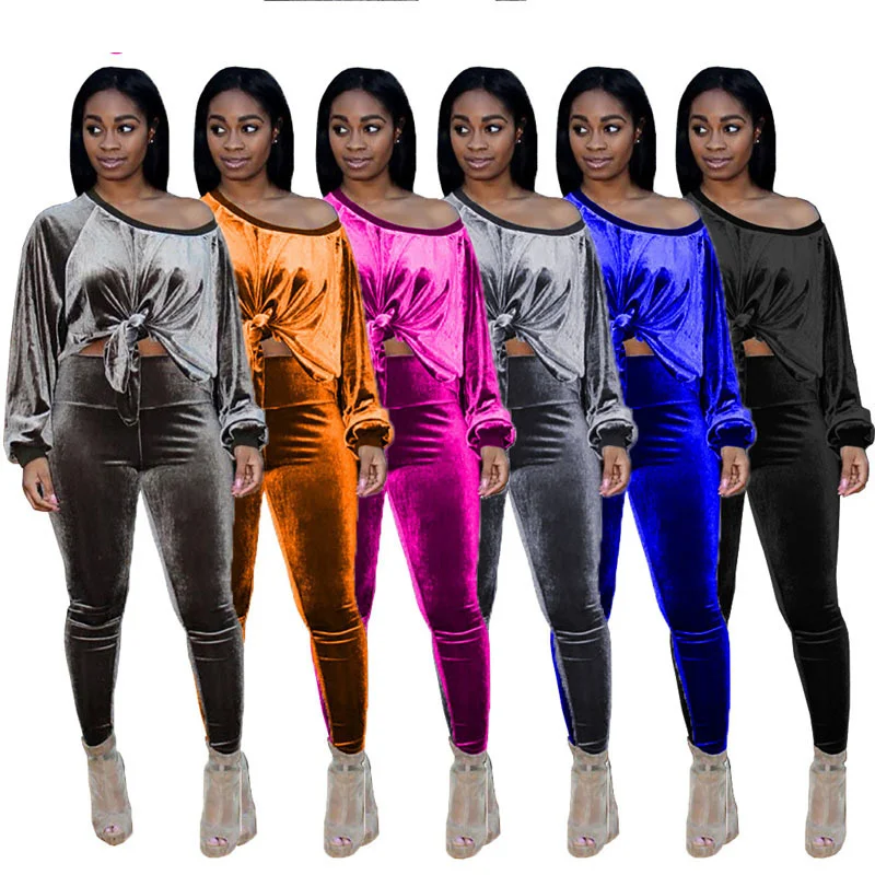 

Cutubly Velvet 2 Piece Set Trousers Suit Long Sleeve Slash Neck Shirt Tops Set With Pants Solid Fashion Women Outfits